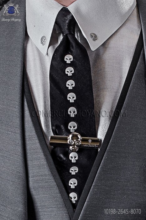 Narrow black fashion tie with nickel skulls metal fixtures