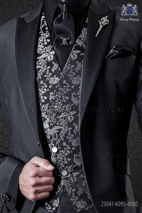  Black jacquard silk brocade waistcoat.