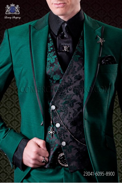 Black with green flowers asymmetric waistcoat in pure jacquard silk