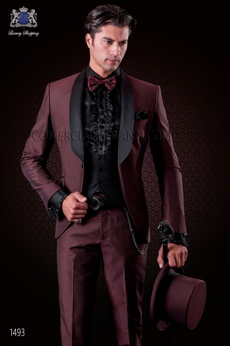Italienische Smoking Mode Anzug purpurrot mit Schalkragen und1 Knopf. Wollmischung.