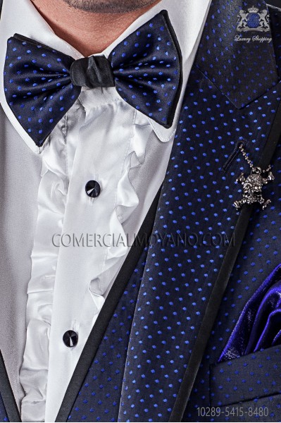Bicolor bow tie black satin with blue polka dots