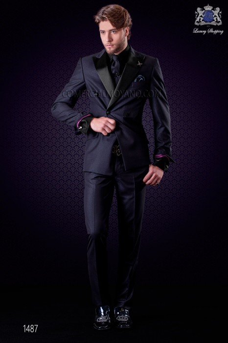 Italienische zweireihig blaue Anzug Slim Fit. Spitzen Satin Revers und 6 Knöpfe. Wollmischung.