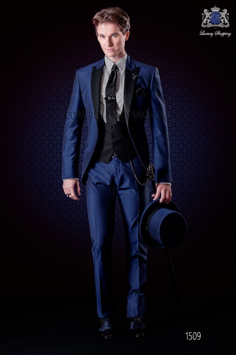Italienische Mode Anzug royal blau mit Spitzen-Revers und1 Knopf. Wollmischung.