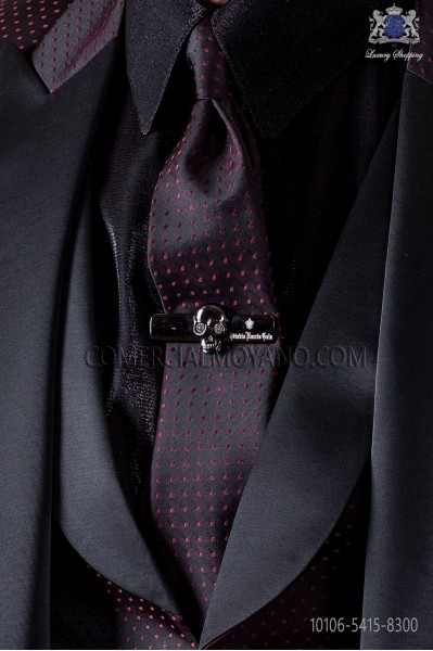 Narrow black fashion tie with red polka dots
