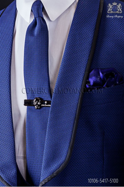 Narrow blue fashion tie with black micro patterns