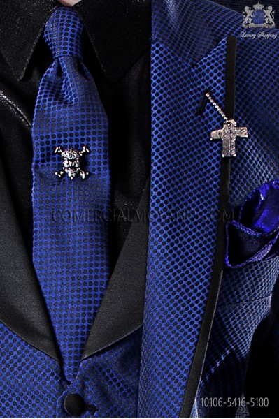 Narrow blue fashion tie with black microdots