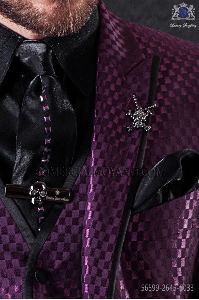 Lurex black tie with purple metal fixtures & black matching handkerchief