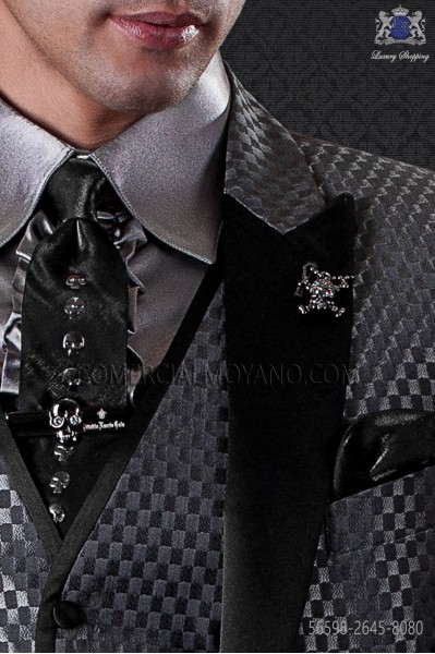 Black lurex tie and handkerchief with skulls transfers