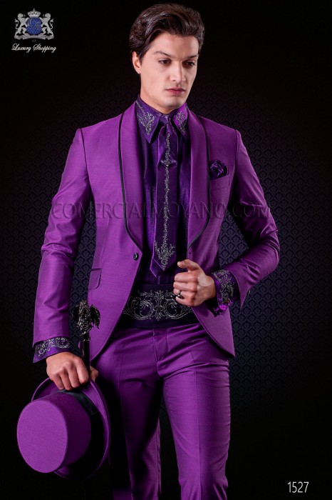  Italienne costume de mariage tuxedo violet. Châle revers avec satin contrast et 1 bouton. Laine mélangée tissu.
