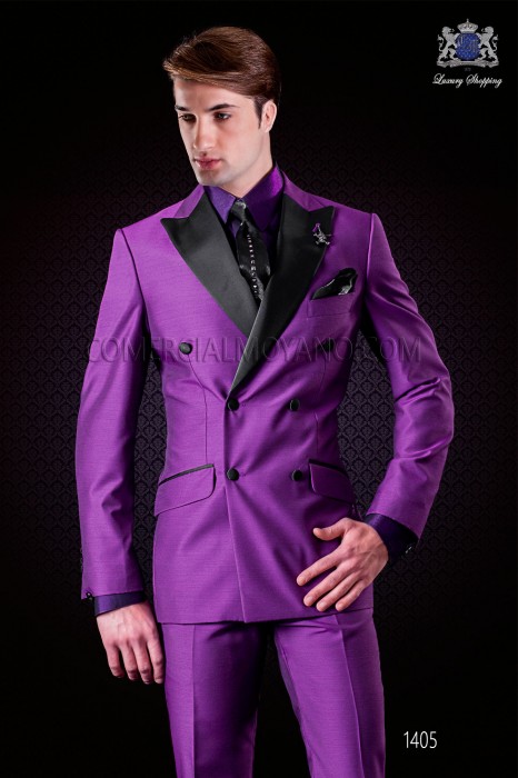 Traje italiano moderno púrpura. Modelo cruzado solapa punta con 6 botones de raso. Tejido mixto lana. 