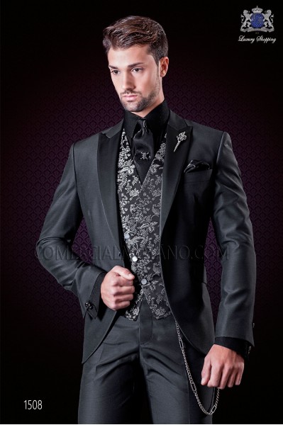 Italian wedding suit anthracite grey. Satin peak lapels and 1 button. Wool mix fabric. 