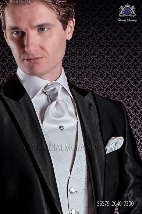 Pearl gray satin ascot tie and pocket handkerchief