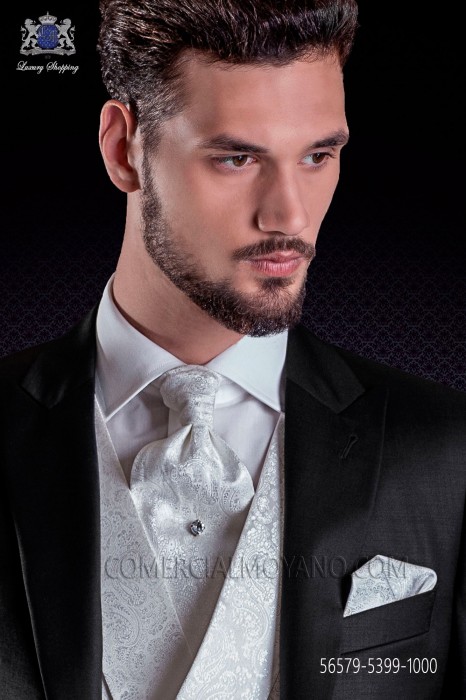 Groom ascot tie with pocket handkerchief white jacquard design