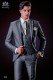 Italian grey wedding suit with waistcoat. Peak lapels with satin contrast and 1 button. Wool mix fabric.