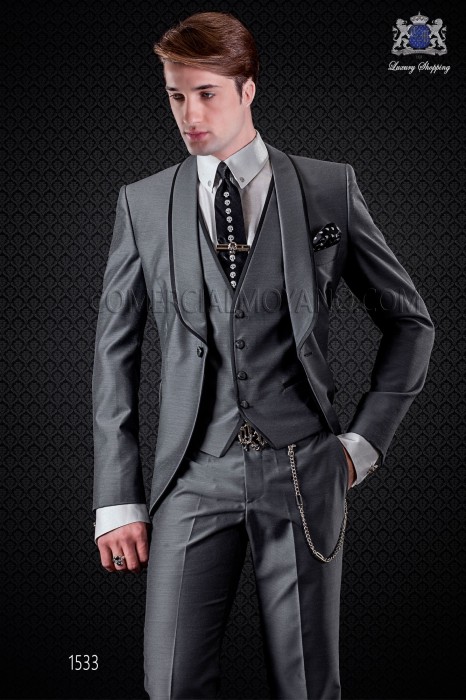 Italian wedding suit grey tuxedo with shawl lapels with satin contrast and 1 button. Wool mix fabric.