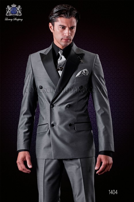 Italian grey fashion double breasted suit with satin peak lapels and 6 buttons. Wool mix fabric.