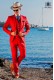  Costume italien moderne "Slim". Américaine à revers pointus et un bouton. Tissu rouge 100% coton