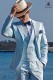 Italian suit with modern "Slim" flap "V" and 2 buttons. Woven light blue 100% cotton