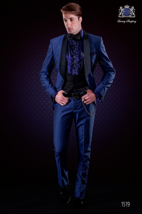Costume italien bleu électrique tuxedo "Slim". Châle revers et 1 bouton. Mélange tissu de laine.
