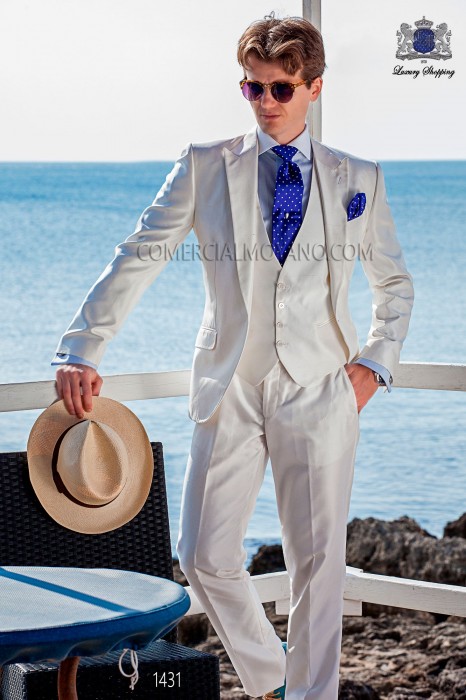  Piece suit modern "Slim". American with flaps tip and 1 button. Shantung silk fabric white