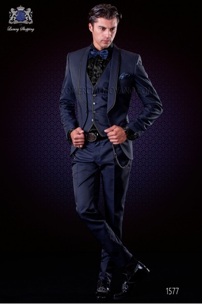 Italienische Smoking-Anzug royalblau und schwarz Mikromuster. Schalkragen und 1 Knopf, Wollmischung Stoffe.
