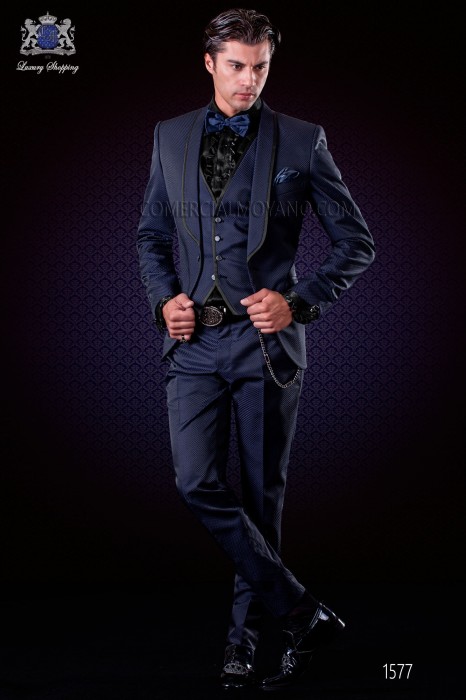 Italienische Smoking-Anzug royalblau und schwarz Mikromuster. Schalkragen und 1 Knopf, Wollmischung Stoffe.