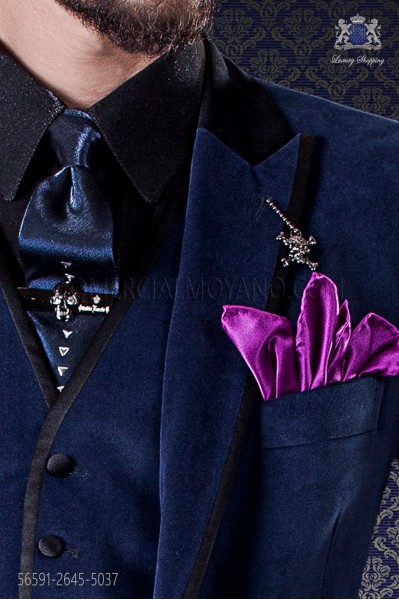 Blue tie with metal fixtures & purple handkerchief