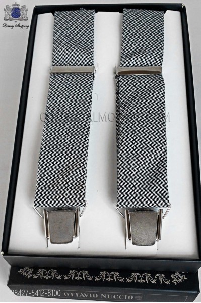 Gray houndstooth suspenders with four clamps