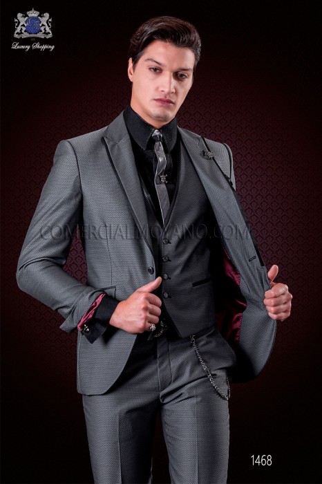 Italian grey wedding suit with waistcoat. Peak lapels with satin contrast and 1 button. Wool mix micro design fabric.