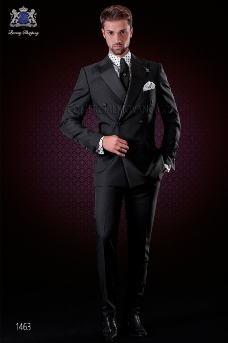 Italian black fashion double breasted suit with satin peak lapels and 6 buttons. Wool mix fabric.