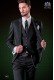 Italian black fashion suit with waistcoat. Peak lapels and 1 button. Wool mix fabric.