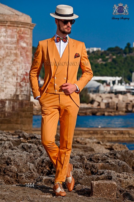 Modern stylish dress "Slim". Model edge flaps and 1 button. Orange fabric 100% cotton