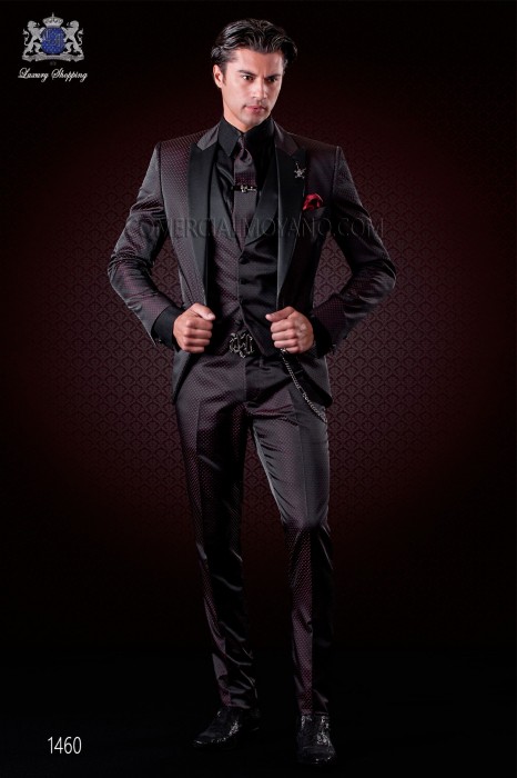 Italienische Anzug rot und schwarz Mikromuster. Satin spitzen Revers und 1 Knopf, Wollmischung Stoffe.