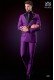 Italian purple microdesign fashion double breasted suit. Satin peak lapels and 6 buttons. Wool mix fabric.