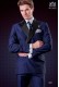 Italienische zweireihig blaue Mikromuster Anzug. Spitzen Satin Revers und 6 Knöpfe. Wollmischung.