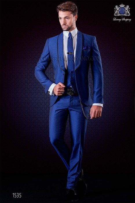 Italian fashion tuxedo electric blue polka dots microdesign. Shawl collar with satin trims and 1 button. Wool mix fabric.