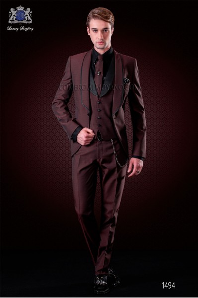 Italian burgundy fashion tuxedo suit. Shawl lapels with satin trims and 1 button. Wool mix fabric.