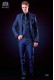 Italian electric blue fashion suit. Peak lapels with satin trims and 1 button. Wool mix fabric.