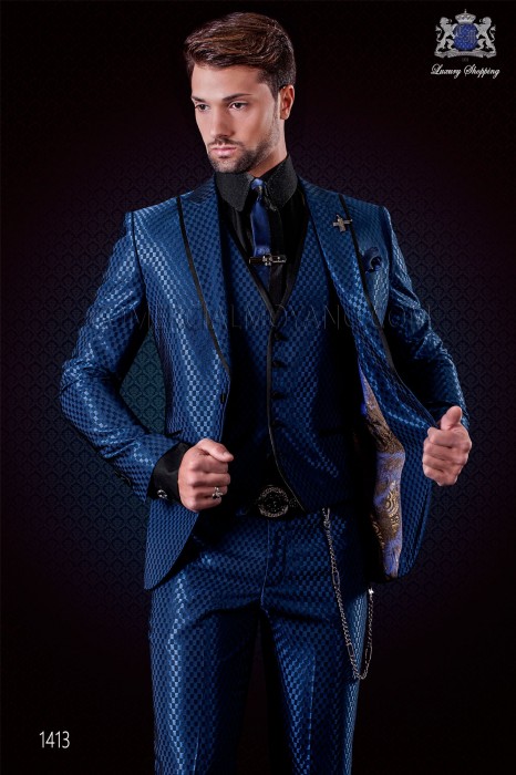Italian blue monochrome design fashion suit. Peak lapels with satin trims and 1 button. Wool mix fabric.