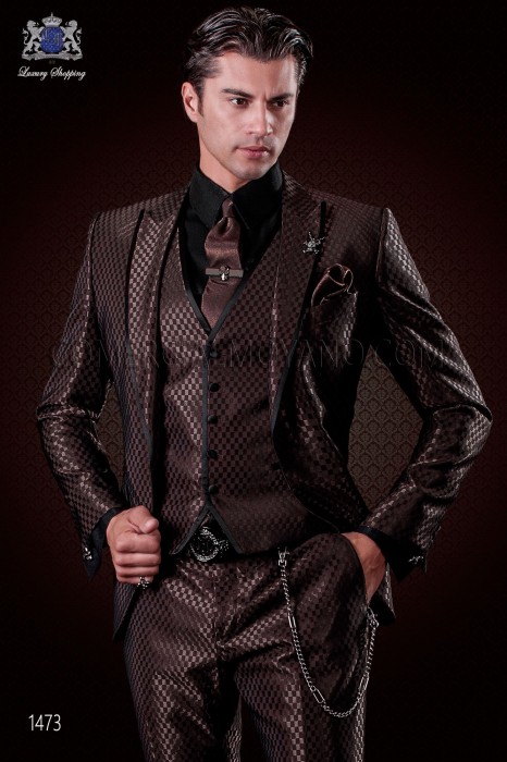 Italian brown monochrome design fashion suit. Peak lapels with satin trims and 1 button. Wool mix fabric.