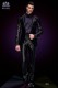 Italian fashion black purple pinstripes wedding suit. Peak lapel with bias binding and 1 button. 