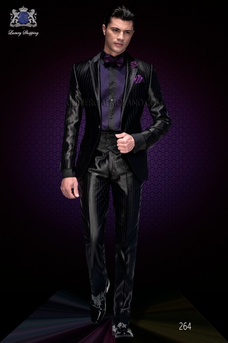 Italian fashion black purple pinstripes wedding suit. Peak lapel with bias binding and 1 button. 