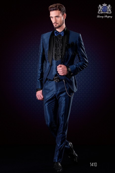 Italienne mode tuxedo costume bleu dessin monochrome. Satin châle revers et 1 bouton. Laine mélangée tissu.