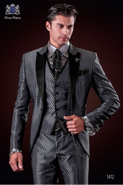 Italian grey monochrome design fashion suit. Satin peak lapels and 1 button. Wool mix fabric.
