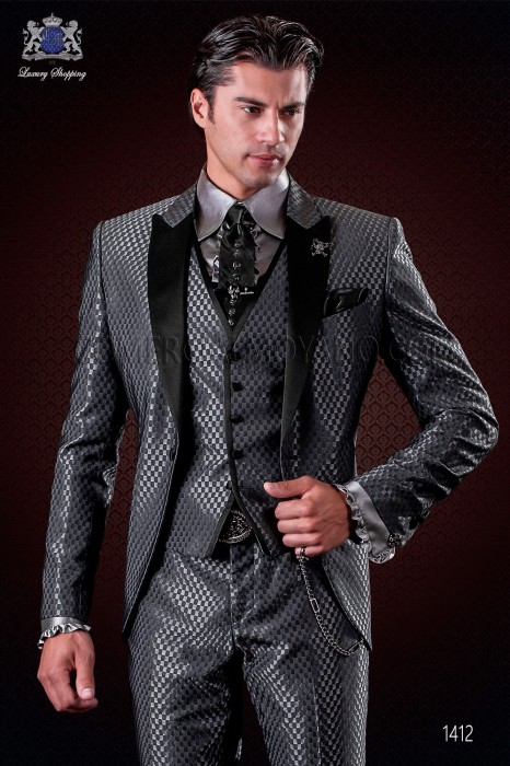 Italian grey monochrome design fashion suit. Satin peak lapels and 1 button. Wool mix fabric.