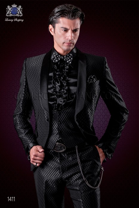 Italienische schwarz Monochrome-Design Smoking-Anzug. Satin Schalkragen und 1 Knopf. Wollmischung.
