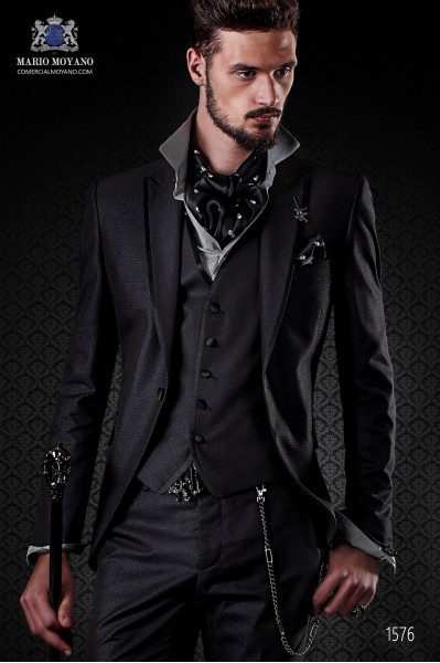 Italian black shiny fashion suit. Peak lapels with satin trims and 1 button.