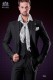 Italian black pinstripes wedding suit. Peak lapels and 1 button. Wool fabric.
