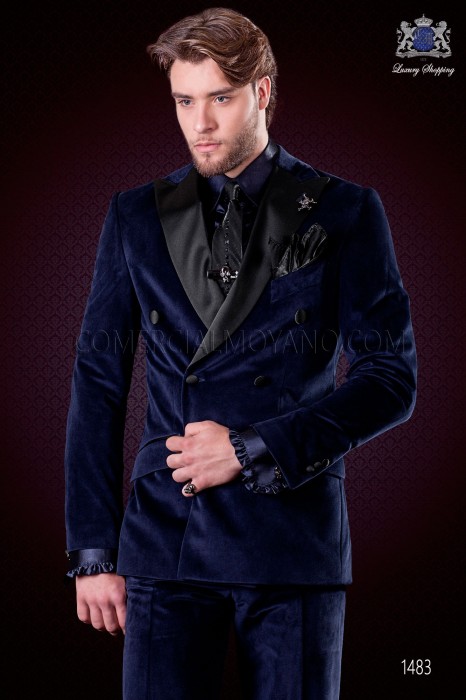 Italian blue velvet fashion double breasted suit. Satin black peak lapels and 6 buttons. 