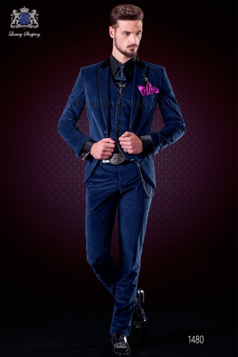 Italian blue velvet fashion suit. Black satin collar, peak lapels with satin trims and 1 button.